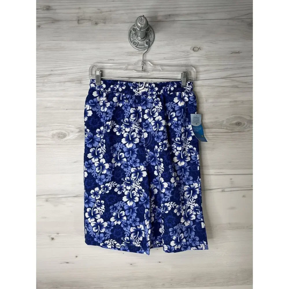 Banana Boat Swim Trunks Boys 12 Blue White Hibiscus Floral‎ Board Shorts UPF50+